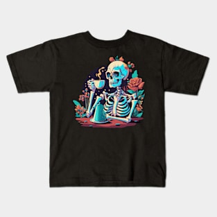 Skeleton drinking coffee Kids T-Shirt